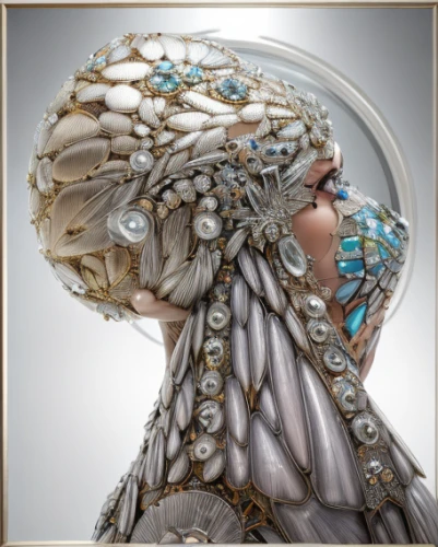 suit of the snow maiden,headdress,headpiece,feather headdress,bridal accessory,diadem,the snow queen,the carnival of venice,bridal veil,the hat of the woman,fractalius,veil,beautiful bonnet,indian headdress,filigree,fantasy portrait,fantasy art,victorian lady,mandelbulb,ice queen,Realistic,Jewelry,Hollywood Regency