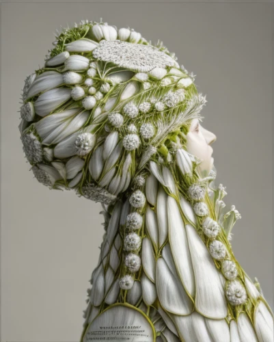 lily of the valley,lily of the field,bridal veil,romanesco,broccoflower,head of garlic,hornworm,white cabbage,headpiece,headdress,celestial chrysanthemum,mandelbulb,woman sculpture,dahlia white-green,head of lettuce,dryad,beautiful bonnet,cabbage leaves,fractals art,chrysanthemum,Realistic,Flower,Queen Anne's Lace