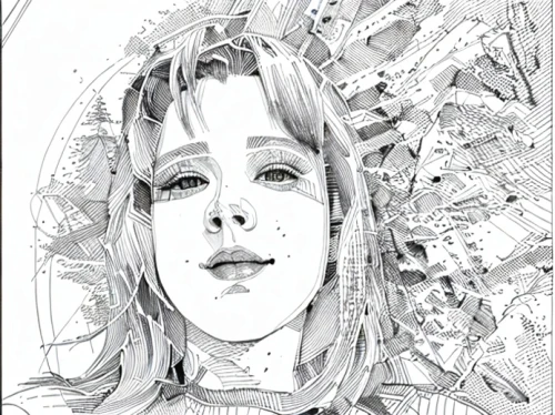 comic halftone woman,sidonia,pencils,mono line art,image scanner,angel line art,line-art,mono-line line art,girl with speech bubble,queen cage,line art wreath,line art,lineart,digital illustration,pencil art,hand-drawn illustration,veil,head woman,wireframe,amano