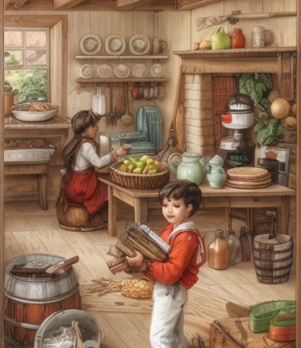 girl in the kitchen,victorian kitchen,vintage children,cookery,portuguese galley,girl picking apples,vintage illustration,vintage kitchen,the kitchen,kitchen,cooking book cover,village shop,kitchen interior,kitchenware,basket of apples,autumn chores,picking vegetables in early spring,children's interior,children's background,game illustration