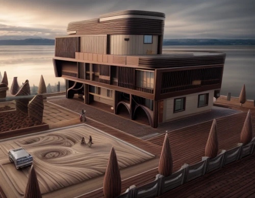 houseboat,house by the water,cube stilt houses,3d rendering,dunes house,floating huts,cubic house,wooden house,3d render,house with lake,house of the sea,floating island,cube house,render,stilt house,3d rendered,stilt houses,wood deck,beach house,beachhouse,Realistic,Foods,Chocolate