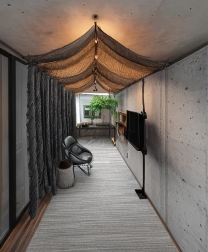 concrete ceiling,hallway space,shower bar,inverted cottage,japanese-style room,3d rendering,canopy bed,luxury bathroom,bamboo curtain,room divider,boutique hotel,awnings,core renovation,folding roof,hallway,landscape design sydney,cabana,exposed concrete,awning,shower base