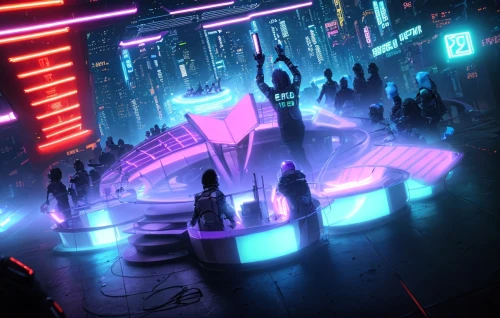 nightclub,neon ghosts,neon human resources,cyberpunk,neon light,rave,neon lights,dance club,neon drinks,scifi,neon arrows,neon coffee,sci fiction illustration,futuristic art museum,cyberspace,futuristic,neon light drinks,sci-fi,sci - fi,cinema strip,Common,Common,Game