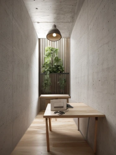 concrete ceiling,dining table,wooden desk,wooden table,archidaily,daylighting,wall lamp,exposed concrete,hallway space,wooden wall,writing desk,wall plaster,wall light,kitchen table,ryokan,japanese-style room,dining room table,kraft paper,dining room,apple desk