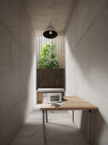 concrete ceiling,apple desk,wooden desk,writing desk,modern office,daylighting,exposed concrete,wall lamp,working space,folding table,archidaily,desk,computer desk,office desk,japanese-style room,modern minimalist bathroom,wall light,creative office,dining table,hallway space