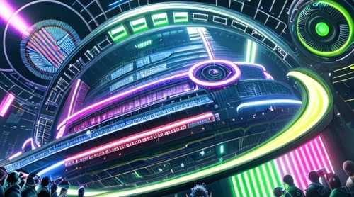 electric arc,panoramical,cyberspace,wormhole,orbital,shinjuku,warp,scifi,colorful spiral,futuristic,ufo interior,futuristic landscape,panopticon,electronic music,spaceship space,musical dome,rave,space port,time spiral,fantasy city,Common,Common,Game