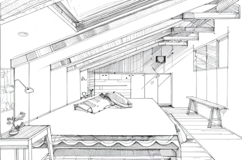 attic,loft,bedroom,house drawing,japanese-style room,canopy bed,home interior,apartment,floorplan home,an apartment,coloring page,sleeping room,renovation,core renovation,modern room,guest room,sheet drawing,bed frame,wooden beams,kitchen interior