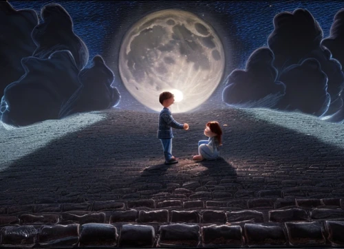 the moon and the stars,moonlight,moon walk,moonlit night,romantic scene,magical moment,dream world,digital compositing,children's background,children's fairy tale,little boy and girl,fairy tale,moonlit,a fairy tale,moon night,big moon,fantasy picture,night scene,moon phase,moonscape,Common,Common,Film