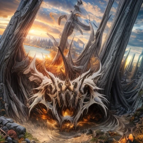 burning tree trunk,dragon tree,fantasy art,fantasy picture,forest dragon,scorched earth,dragon fire,3d fantasy,nine-tailed,gnarled,pillar of fire,destroy,firethorn,burning earth,forest fire,burnt tree,nature's wrath,dead wood,devilwood,fantasy landscape,Common,Common,Photography