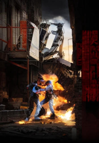 gunkanjima,digital compositing,hashima,action-adventure game,fighter destruction,explosion destroy,demolition work,action film,robot combat,photomanipulation,guilinggao,fire background,photo manipulation,war zone,riot,steelworker,iron blooded orphans,game illustration,duel,image manipulation,Realistic,Movie,Industrial Combat