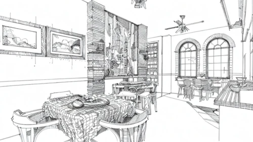 dining room,tearoom,reading room,breakfast room,study room,house drawing,frame drawing,line drawing,drawing course,kitchen interior,lecture room,the coffee shop,coloring page,the kitchen,dining table,interiors,bistro,a restaurant,kitchen,parlour