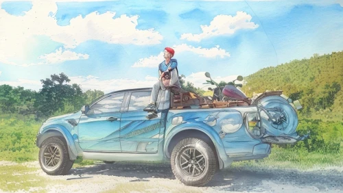 studio ghibli,old vehicle,straw hats,cj7,2d,gaz-m20 pobeda,vintage vehicle,trabant,ford prefect,austin fx4,mg t-type,flower car,old car,adventure,land-rover,antique car,austin 7,magi,4cv,2cv,Landscape,Landscape design,Landscape Plan,Watercolor