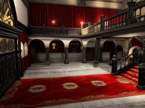 theatre stage,theater stage,ornate room,winding staircase,staircase,entrance hall,ballroom,theatre,outside staircase,royal interior,four poster,old opera,circular staircase,theater curtain,theatre curtains,doll's house,victorian style,3d rendering,victorian,theatrical property