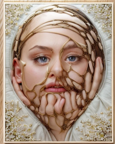 grapes goiter-campion,head of garlic,wooden mask,woman of straw,chainlink,chocolate shavings,shavings,facial tissue,fractalius,cd cover,woman's face,baked alaska,egg net,woman holding pie,french silk,porcelaine,beard flower,needlework,sugar paste,woman face,Realistic,Movie,Sweet Romance
