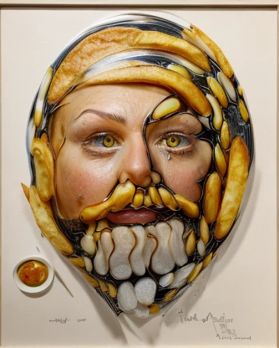 glass painting,art nouveau frame,meerschaum pipe,holbein,venetian mask,decorative plate,head plate,decorative figure,dali,turban,medicine icon,medical icon,decorative art,breastplate,head of garlic,art nouveau,painted eggshell,comedy tragedy masks,leonardo da vinci,meticulous painting,Realistic,Foods,Fish And Chips