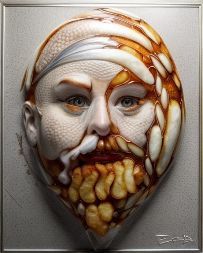 glass painting,painted eggshell,bodypainting,baked alaska,head of garlic,meerschaum pipe,venetian mask,tea art,egg face,enamelled,fractalius,galette des rois,art nouveau frame,body painting,sfogliatelle,danish pastry,golden mask,glass ornament,decorative art,porcelaine,Realistic,Foods,Fish And Chips