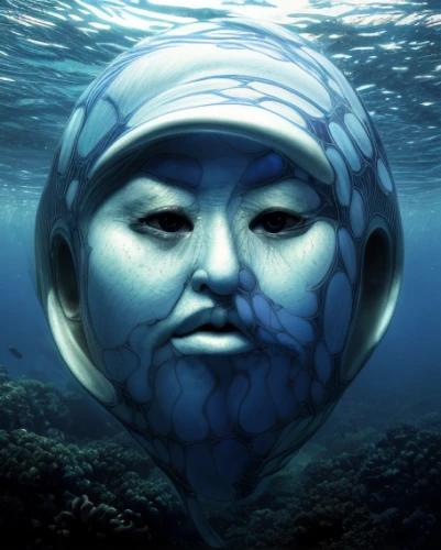 diving mask,poseidon god face,sea god,cube sea,daruma,blue planet,god of the sea,submerged,under the water,aquanaut,ocean underwater,under water,water creature,underwater world,underwater,water polo cap,diving helmet,coral guardian,deep sea diving,underwater background,Realistic,Landscapes,Underwater Exploration