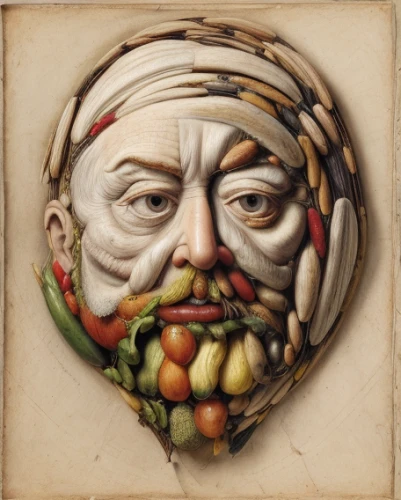 broad bean,medicine icon,holbein,king lear,grapes goiter-campion,grapes icon,diet icon,venetian mask,head of garlic,decorative plate,winemaker,head ornament,bacchus,confit byaldi,food icons,greengrocer,vegetable bile,head plate,sicilian cuisine,albrecht dürer,Calligraphy,Painting,Fruitarianism