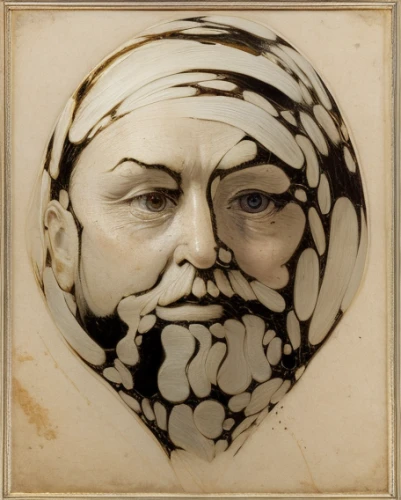 death mask,bust of karl,art nouveau frame,glass painting,woman's face,holbein,bartholdi,euclid,leonardo devinci,head of garlic,decorative plate,bonnet ornament,leonardo da vinci,wooden mask,spherical image,medical mask,anonymous mask,glass ornament,michelangelo,white beard,Calligraphy,Painting,Nauticalism