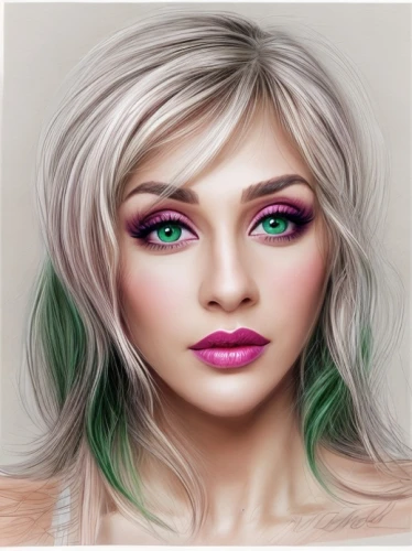 airbrushed,artificial hair integrations,artist color,eyes makeup,colored pencil background,dahlia white-green,fantasy portrait,cosmetic brush,natural cosmetic,image manipulation,fashion vector,cosmetic,sage color,girl drawing,watercolor women accessory,photo painting,retouch,mermaid vectors,hair coloring,neon makeup