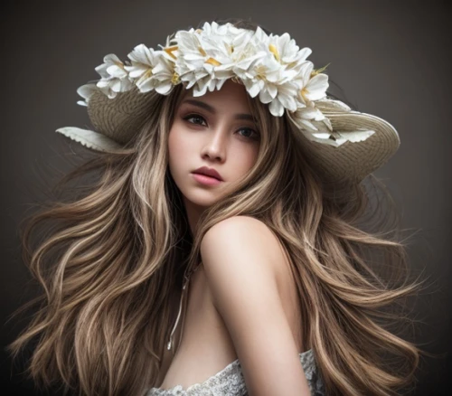 flower hat,beautiful girl with flowers,flower crown,beautiful bonnet,flower girl,spring crown,floral wreath,girl in flowers,headpiece,white blossom,hair accessory,flower crown of christ,blooming wreath,flower fairy,jasmine blossom,flower garland,flowery,oriental longhair,girl in a wreath,summer crown,Common,Common,Natural