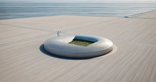 football stadium,soccer field,artificial island,football pitch,futuristic art museum,round hut,infinity swimming pool,dug-out pool,dunes house,floating stage,stadium falcon,soccer-specific stadium,stadium,seaside resort,turf roof,football field,house of the sea,coastal protection,sport venue,helipad,Architecture,General,Futurism,Futuristic 12