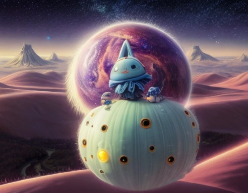 scandia gnome,alien planet,heliosphere,little planet,gnome,planet eart,scandia gnomes,fantasy picture,matrioshka,astral traveler,moonlight cactus,crystal egg,io,gas planet,celestial body,planetarium,white pumpkin,alien world,lost in space,planet,Calligraphy,Illustration,Cartoon Illustration