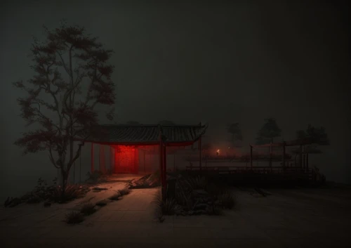 japanese shrine,red lantern,chinese temple,lonely house,shrine,winter house,illuminated lantern,ryokan,lantern,dense fog,inari,foggy landscape,shinto shrine,japanese lantern,asian architecture,veil fog,atmospheric,zui quan,evening atmosphere,tsukemono,Game Scene Design,Game Scene Design,Chinese Horror