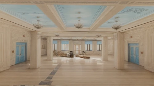 ballroom,ceiling construction,3d rendering,entrance hall,blue room,ornate room,hallway,hotel hall,royal interior,hallway space,stucco ceiling,marble palace,empty hall,interior decoration,interior design,villa farnesina,ceramic floor tile,hall,renovation,neoclassical,Interior Design,Living room,Classical,Mediterranean Classic