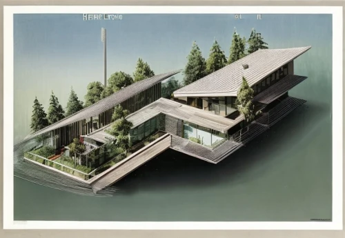 house with lake,cube stilt houses,floating huts,houseboat,inverted cottage,boat house,house by the water,stilt house,artificial island,archidaily,stilt houses,architect plan,house floorplan,timber house,cubic house,japanese architecture,pool house,mid century house,residential house,model house,Architecture,General,Modern,Mid-Century Modern