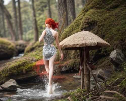 ballerina in the woods,faery,faerie,fairy forest,woman at the well,enchanted forest,dryad,thermal spring,fantasy picture,fae,mountain spring,the blonde in the river,water nymph,rusalka,fairy world,fetching water,digital compositing,water spring,girl in a long dress,wishing well