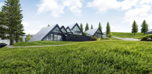 grass roof,cubic house,modern house,cube house,dunes house,eco hotel,modern architecture,archidaily,turf roof,eco-construction,green lawn,futuristic architecture,roof landscape,residential house,futuristic art museum,house in mountains,3d rendering,cube stilt houses,landscape designers sydney,mirror house,Architecture,General,Modern,Geometric Harmony