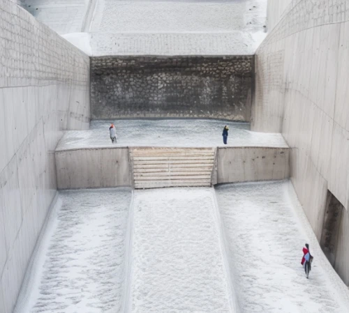 exposed concrete,snow bridge,concrete construction,holocaust memorial,water wall,concrete,concrete slabs,white turf,snow roof,tempodrom,archidaily,infinite snow,snow shelter,brutalist architecture,snow slope,public space,icon steps,hall of the fallen,snow scene,9 11 memorial