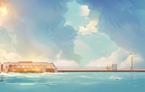 thermal bath,aqua studio,house of the sea,floating islands,artificial island,backgrounds,seaside resort,floating island,floating huts,thermal spring,thermae,island suspended,icebergs,concept art,diamond lagoon,houseboat,dolphinarium,panoramical,artificial islands,ocean,Game&Anime,Doodle,Children's Animation