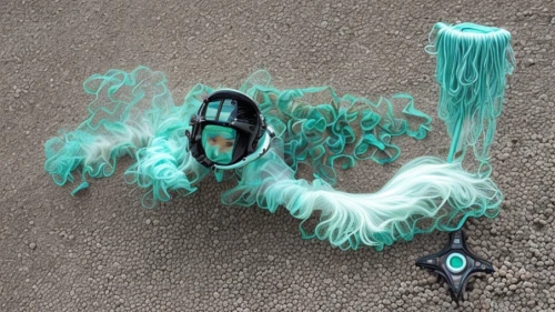 turquoise wool,dog toy,portuguese man o' war,genuine turquoise,fairy peacock,basket fibers,foil balloon,bird toy,rope brush,piñata,mooring rope,pollution mask,artistic roller skating,klepon,cat toy,pipe cleaner,pompom,feather boa,male peacock,teal stitches