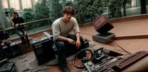 music instruments on table,blur,old recording,high fidelity,2004,playing room,s-record-players,spy visual,amplifier,synthesizer,music studio,recordings,guitar amplifier,transistor checking,suitcase,synthesizers,1967,sound studio,muse,video scene,Common,Common,Film