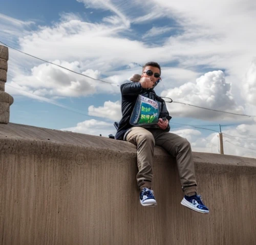 senior photos,concrete background,concrete wall,on the roof,blue shoes,album cover,city ​​portrait,high fly,above the city,concrete blocks,the style of the 80-ies,parkour,man on a bench,roof top,rooftops,wall,mini e,high seat,book,b-boying