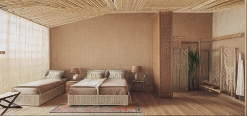 bamboo curtain,japanese-style room,patterned wood decoration,canopy bed,hanok,room divider,rattan,bamboo frame,wooden sauna,sleeping room,3d rendering,guest room,bedroom,danish room,guestroom,timber house,interior decoration,cabana,core renovation,modern room,Interior Design,Bedroom,Bohemia,Germany Boho