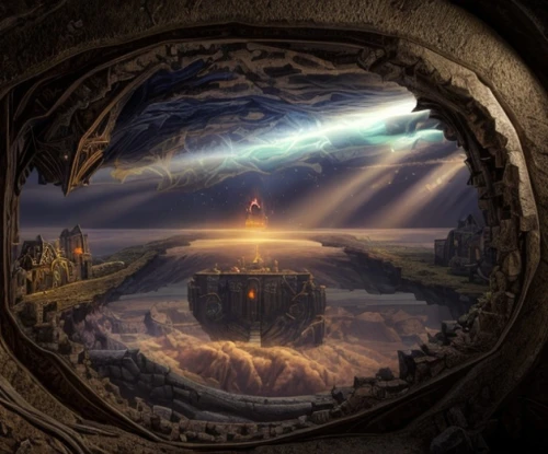 fantasy picture,stargate,fantasy landscape,heaven gate,fantasy art,the threshold of the house,door to hell,3d fantasy,the door,castle of the corvin,hall of the fallen,window to the world,hobbiton,mirror of souls,porthole,parallel worlds,portals,fantasy world,mont saint michel,fairy tale castle,Game Scene Design,Game Scene Design,Magical Fantasy