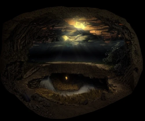 lava tube,hobbiton,virtual landscape,360 ° panorama,mushroom landscape,the grave in the earth,the threshold of the house,pit cave,knothole,fantasy landscape,hollow way,empty tomb,keyhole,door to hell,porthole,lava cave,cave,mirror of souls,phase of the moon,underground lake,Game Scene Design,Game Scene Design,Dark Fairy Tale