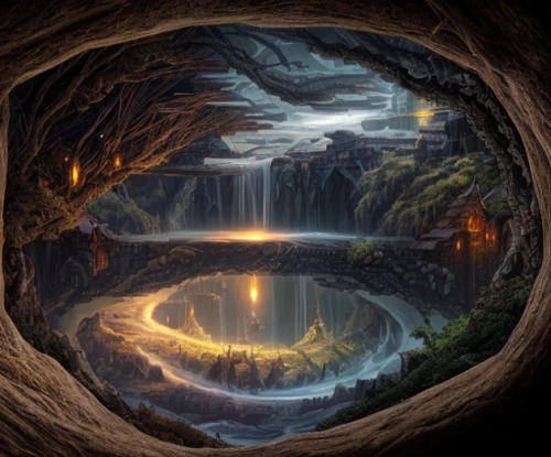 underground lake,cave on the water,mirror of souls,fantasy picture,fantasy landscape,portals,lava tube,fractal environment,fantasy art,chasm,cave,parallel worlds,lava cave,wishing well,sinkhole,stargate,pit cave,mountain spring,water hole,heaven gate,Game Scene Design,Game Scene Design,Magical Fantasy