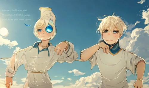 water-the sword lily,darjeeling,vocaloid,sailors,lemonsoda,hand in hand,double sun,hands holding,twin flowers,darjeeling tea,clouds - sky,water connection,drops of milk,clone,mirror image,anime cartoon,bottled water,salt-flats,parallel world,wright brothers,Game&Anime,Manga Characters,Blue Fantasy