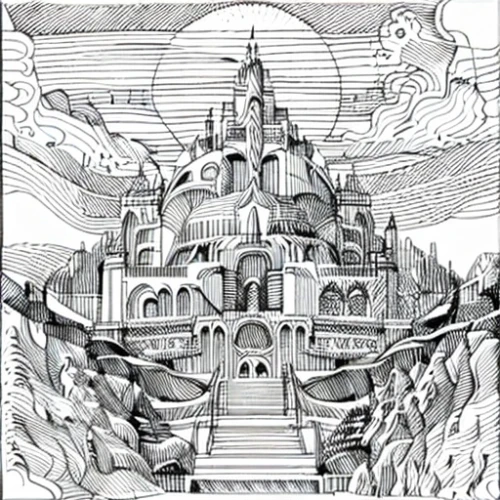 temples,cd cover,escher,peter-pavel's fortress,panopticon,panoramical,fantasy city,roof domes,escher village,atlantis,tower of babel,citadel,utopian,castles,album cover,knight's castle,castle of the corvin,palace,real-estate,trip computer