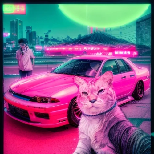 pink cat,aesthetic,street cat,80s,pink car,photomanipulation,feline,animal feline,mow,vintage cats,two cats,ritriver and the cat,cats,camaro,the pink panter,the cat,felines,magenta,vapor,puss