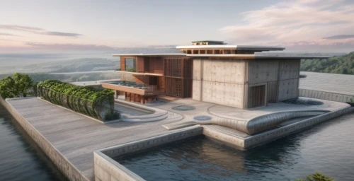 hydropower plant,house by the water,concrete ship,house with lake,dunes house,luxury property,futuristic architecture,hydroelectricity,floating island,modern architecture,house of the sea,infinity swimming pool,eco-construction,3d rendering,modern house,eco hotel,luxury real estate,holiday villa,boat house,cube stilt houses,Architecture,General,Masterpiece,Organic Architecture