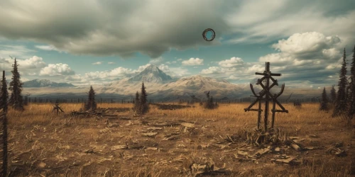 scythe,skeleton key,skyrim,wasteland,photomanipulation,desolation,desolate,steppe,wind bell,digital compositing,photo manipulation,plains,wind finder,landscape background,post-apocalyptic landscape,old graveyard,barren,place of pilgrimage,pilgrimage,fields of wind turbines,Common,Common,Film