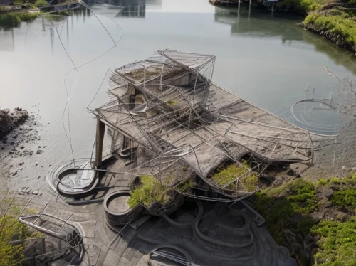 cube stilt houses,floating huts,sunken boat,artificial island,abandoned boat,concrete ship,stilt houses,sunken church,stilt house,floating islands,fish traps,artificial islands,houseboat,sunken ship,house with lake,house by the water,boat landscape,japanese zen garden,mud village,floating island,Architecture,General,Modern,Elemental Architecture