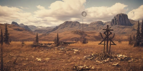 skyrim,fallen giants valley,wasteland,mountain settlement,plains,barren,desolate,mountain world,salt meadow landscape,desolation,myst,scythe,wind finder,collected game assets,archery stand,3d archery,campsite,witcher,wander,android game,Common,Common,Film