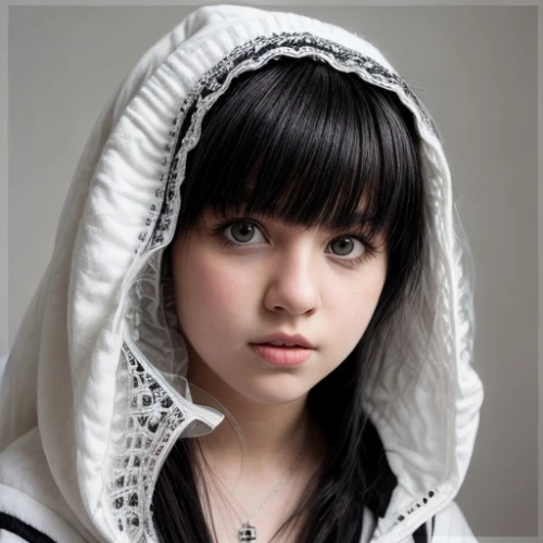islamic girl,girl on a white background,girl portrait,young girl,girl in cloth,mystical portrait of a girl,young woman,beautiful young woman,portrait of a girl,heterochromia,white fur hat,girl wearing hat,hoodie,gothic portrait,girl with cloth,white lady,eurasian,beautiful bonnet,white and black color,bonnet,Common,Common,Photography