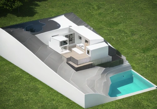 dug-out pool,roof top pool,modern house,pool house,3d rendering,infinity swimming pool,flat roof,inverted cottage,swimming pool,modern architecture,cubic house,isometric,outdoor pool,architect plan,exposed concrete,aqua studio,water cube,cube house,residential house,mid century house